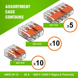 WAGO 221 Series 28pc Compact Splicing Wire Connectors | Includes (10x 221-412) (10x 221-413) (8X 221-415) | WAGO Wire Connectors | Electrical Splicing Lever Nuts | 221 Series Lever Nuts | 2-3-5 Ports
