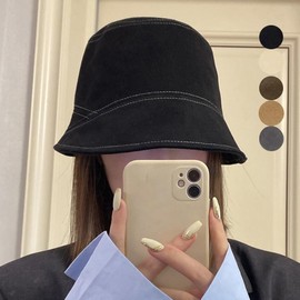 Miniministore Stitched Bucket Hat, Women's Korean Style, Cap Hat, Looks Small Face, Sun Hat, UV Protection, Cap Hat, Foldable, Sun Visor, Brush, Stylish, Solid Color, light beige