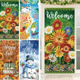 4 Pcs Spring Door Cover Decorations Welcome Spring Door Decorations Banner Summer Fall Winter Party Decorations Large Front Banner Background for Seasonal Welcome Holiday Party Indoor Outdoor Decor