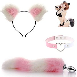 3PCS/Set Heart Leather Collar Neck B-ütt an-âl Pl-ùg T-ö-ys & Cute Cat Tail & Headband Set, Choker Party Cosplay Costume