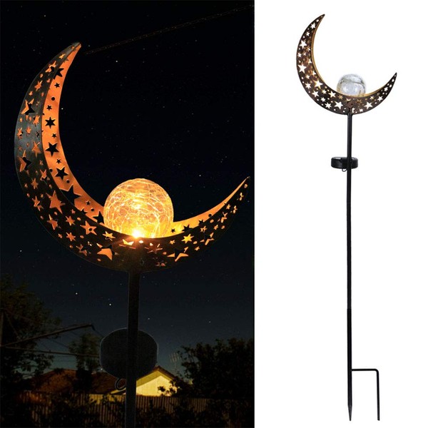VCUTEKA Moon Solar Lights Outdoor Metal Waterproof Crackle Glass Globe Stake Garden Decor for Pathway, Lawn, Patio, Yard Decorations