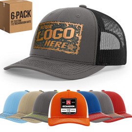 Custom Leather Patch Richardson 112 Trucker Hat for Men & Women - 6 Panel Structured Baseball Cap with Snapback Enclosure (6 - Pack, charcoal/black)