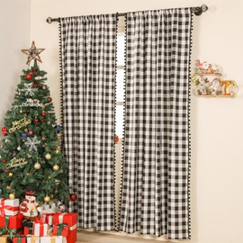 Bentrilisa 2 Pieces Black White Buffalo Plaid Curtains with Pom Poms 84 Inches Long Vintage Light-Filtering Panels Gingham Check Rod Pocket Window Curtain for Bedroom Kitchen Living Room