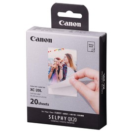 Canon XC-20L Original Ink Ribbon / Paper Set 20 Sheets Credit Card Size 5.4 x 8.5 cm for Canon SELPHY QX20 Photo Printers (Self-Adhesive, Sticker, Sticker, Adhesive Backing, Thermosublimation, Waterproof)