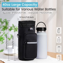 Nuovoware Bottle Holder Water Bottle Molle Bag, Insulated Neoprene Kettle with Adjustable Shoulder Strap and Front Zip Bag for Hiking, Running, Cycling, Hunting, Travel, Charcoal Black