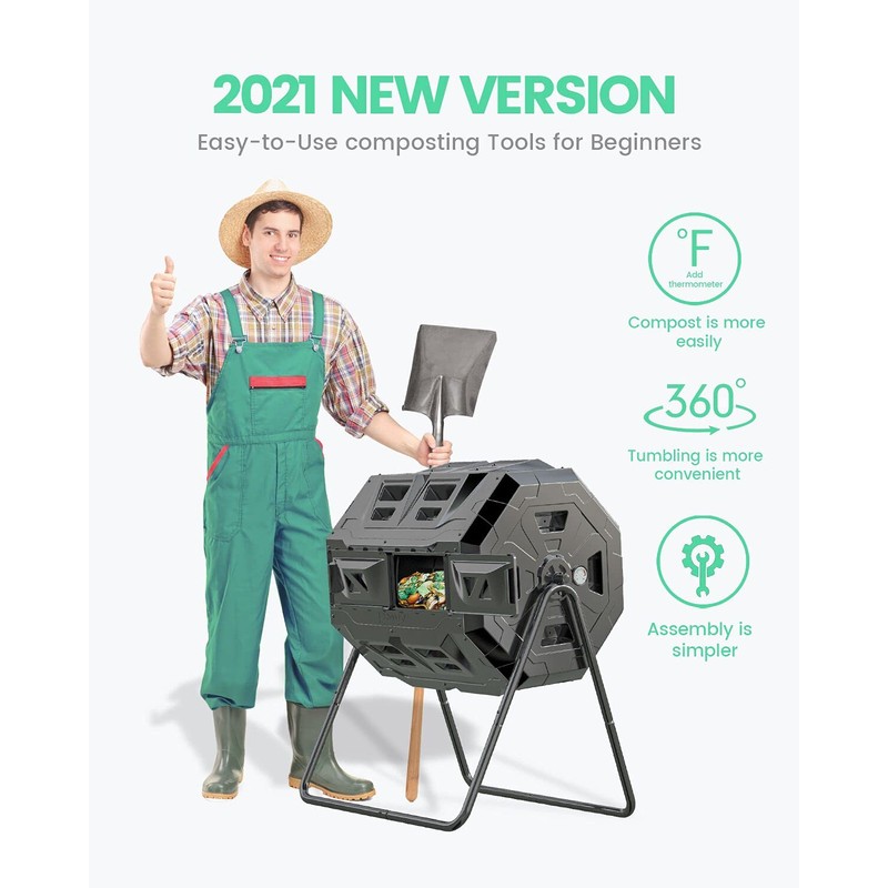2021 Upgraded Tumbling Composter with Compost Thermometer - Dual Chamber