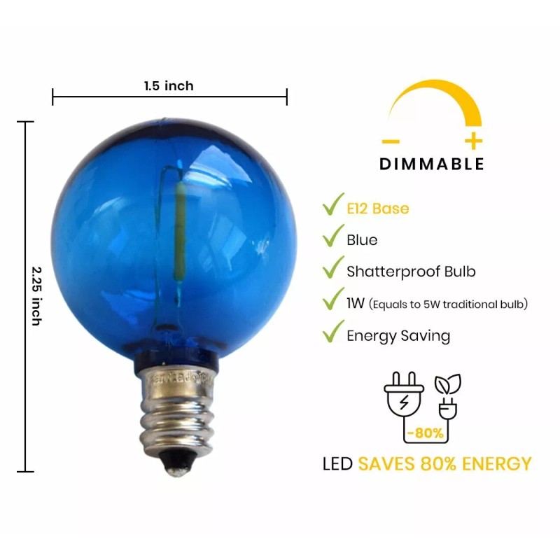 Fantado 10-PACK Blue LED Filament G40 Globe Shatterproof Energy Saving
