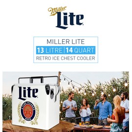 Miller Lite Retro Ice Chest Cooler with Bottle Opener 13L (14 qt), 18 Can Capacity, Blue and Red, Vintage Style Ice Bucket for Camping, Beach, Picnic, RV, BBQs, Tailgating, Fishing