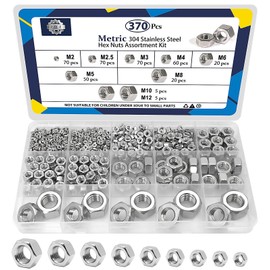 ZQZ 370 PCS Metric Hex Nuts Assortment Kit,M2 M2.5 M3 M4 M5 M6 M8 M10 M12 Stainless Assorted Hex Nuts Set (A)