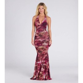 Kelsey Halter Printed Mermaid Formal Dress - Color: PLUM, Size: S
