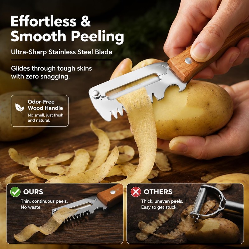 2Pcs Vegetable Peeler with Wooden Handle, Odor-Free Stainless Steel Multi
