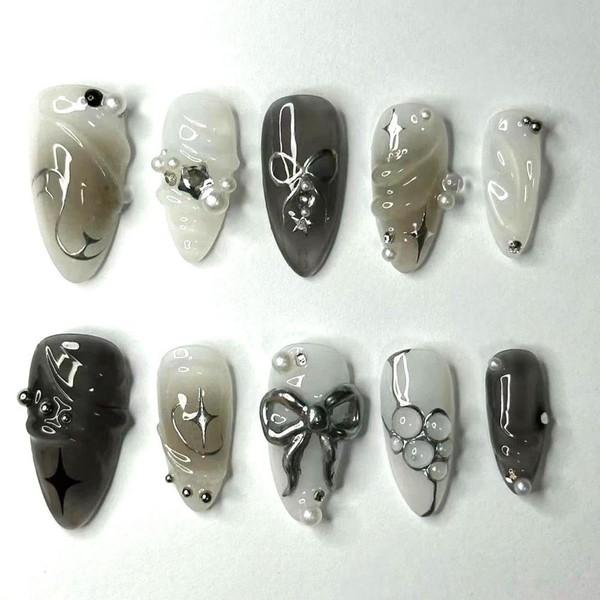 Handmade Press on Nails Ombre Black White Fake Nails Medium