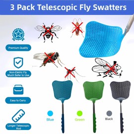 Telescopic Fly Swatter, Jakeloo 3 Pack Fly Swatter for Indoors Plastic Flyswatter Heavy Duty with Stainless Steel Telescopic Handle Ideal for Summer Home/Indoor/Outdoor/Classroom/Office (Black)