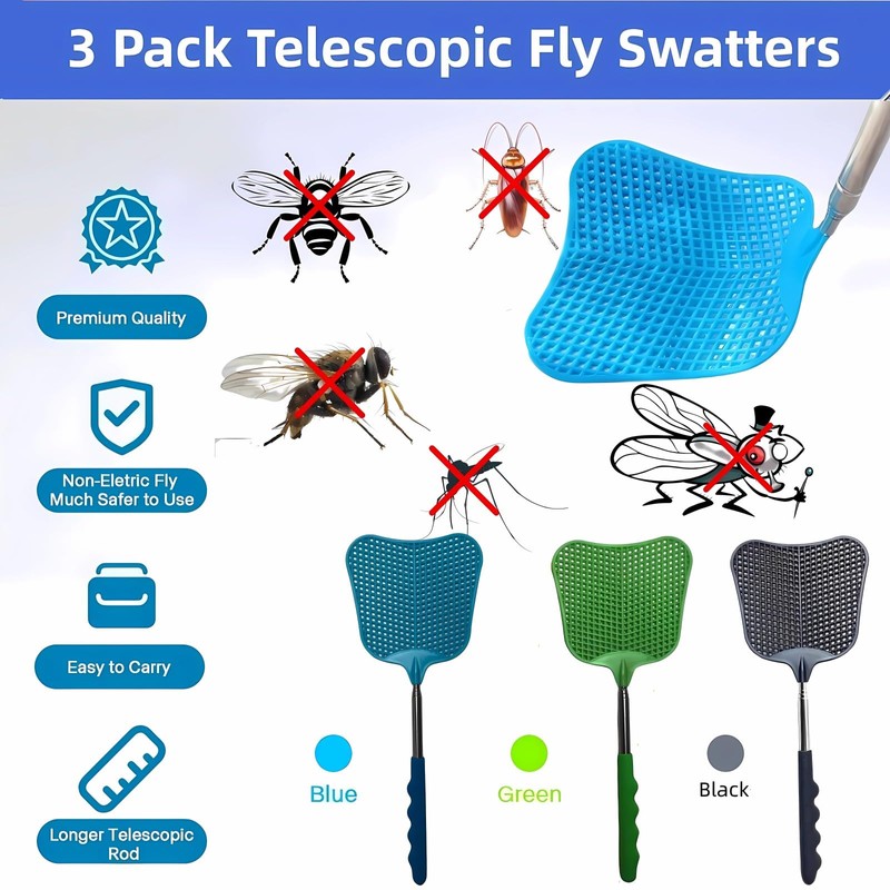 Telescopic Fly Swatter, Jakeloo 3 Pack Fly Swatter for Indoors