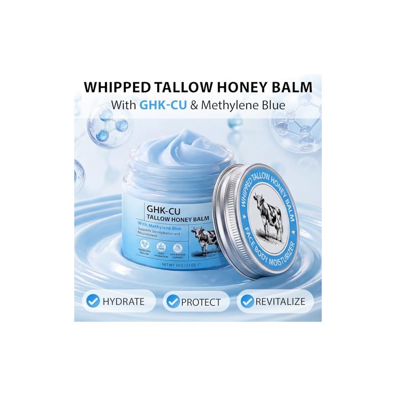 GHK-Cu Copper Peptides Beef Tallow Honey Balm, 60g | Blue