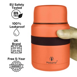 Mebanix Food Flask for Hot Food, Soup | 400ml Stainless Steel Double Walled Vacuum Insulated Leakproof Jar with Folding Spoon | BPA Free | 6 hrs hot 10 hrs cold | For Adults and Kids. Orange