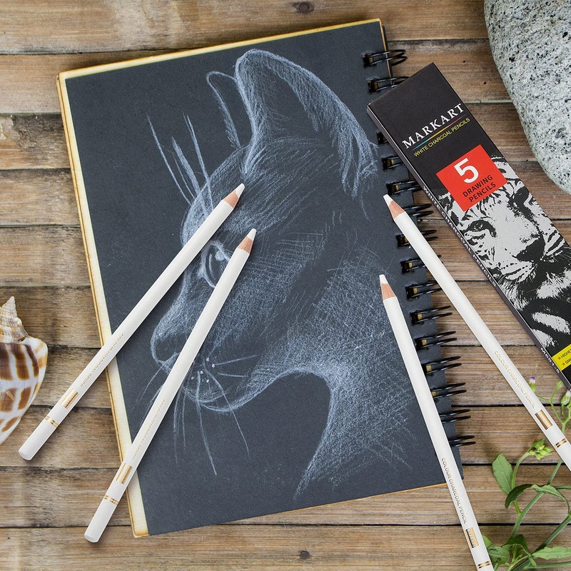 MARKART Professional White Charcoal Pencils Set, 5 Pieces Sketch Highlight