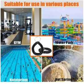 Spiral Wrist Coil Keychain Set, 4 Pack,with (4 extra metal key rings) Black Stretchable Wristband Key Holder for Gym, Pool, Sports