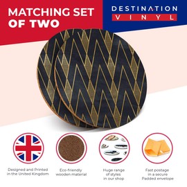 Destination Vinyl ltd 2 x MDF Glossy Top Coasters Round - Black & Gold Geometric Art Deco 12545