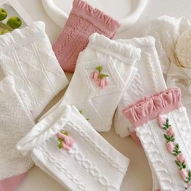CazDopaM Floral Socks 5 Pairs Embossed Crimped Socks Aesthetic Elastic coquette socks Casual Socks Ruffle Ankle Socks 5-pairs (5-pairs a)