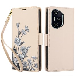 KQXG Case for Honor 400 Pro – Premium Synthetic Leather Wallet Cover, Magnetic Flip, Foldable Kickstand, Full Protection, Card Slots, Butterfly & Daisy Pattern -Apricot