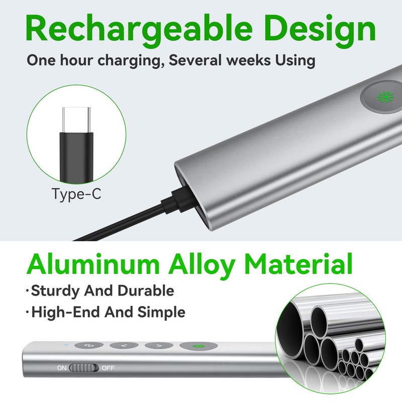 MIPREZT Rechargeable Presentation Clicker Wireless with Green Laser Pointer for
