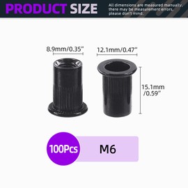 Swpeet 100Pcs Carbon Steel Rivet Nuts Kit, Metric M6 Rivnuts Nut Sert Kits, Black Zinc Plated Carbon Steel Rivet Nut Inserts Nutserts Kit, Flat Head Threaded Insert Nut Assort