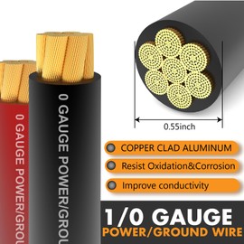 1/0 Gauge Wire (40ft) Copper Clad Aluminum CAA Car Amplifier Power & Ground Cable，Primary Automotive Wire, Battery Cable, Car Audio Speaker Stereo with Lugs Terminal Connectors and Heat Shrink Tube
