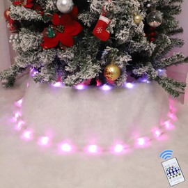 HIAGROW 24 inch Mothers Day Tree Collar, 17 Light Modes White Plush Pink Light Tree Collars Decoration with Remote, Round Tree Skirt Ring for Christmas Artificial Pencil Trees Decor