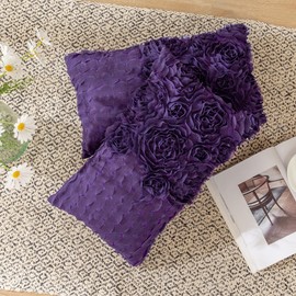 CaliTime Throw Pillow Cases Pack of 2 Solid 3D Stereo Chiffon Wave Rose Flower Decorative Cushion Covers Shells for Couch Sofa Bedroom 12 X 20 Inches Purple