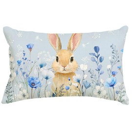 RABUSOFA Easter Bunny Blue Throw Pillow Cover,12x20 Inch Rabbit Poppy Flowers Pillow Case Decoration for Sofa Couch(5-12) (12" x 20" (Pack of 1))