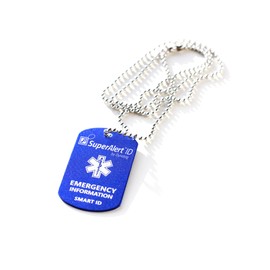 Dynotag® SuperAlertID Smart Military Style Medical ID/Emergency Information Anodized Aluminum Pendant & Chain Set, with DynoIQ™ & Lifetime Service. Blue (Blue)