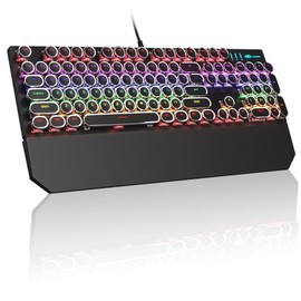 MageGee Typewriter Mechanical Gaming Keyboard, Retro Black Punk Round Keycaps RGB Rainbow Backlit Wired Keyboards for Laptop MAC PC Gamer, with Magnetic Wrist Rest - Blue Switch