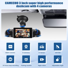 CAMECHO Dashcam Car Front Rear with 4 Cameras FHD 1080P Wide Angle 3 Inch IPS Screen 360° Dash Cam with WiFi App Night Vision Device G-Sensor 24H Loop Recording Parking Monitor + Reverse Line