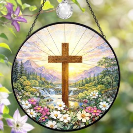 Stained Glass Window Hanging Cross Suncatcher, 7.8 Inch Christian Home Decor Sun Catcher for Windows, Sun Catchers Indoor Window Decor, Christian Gifts for Women Mom Grandma (Christian)