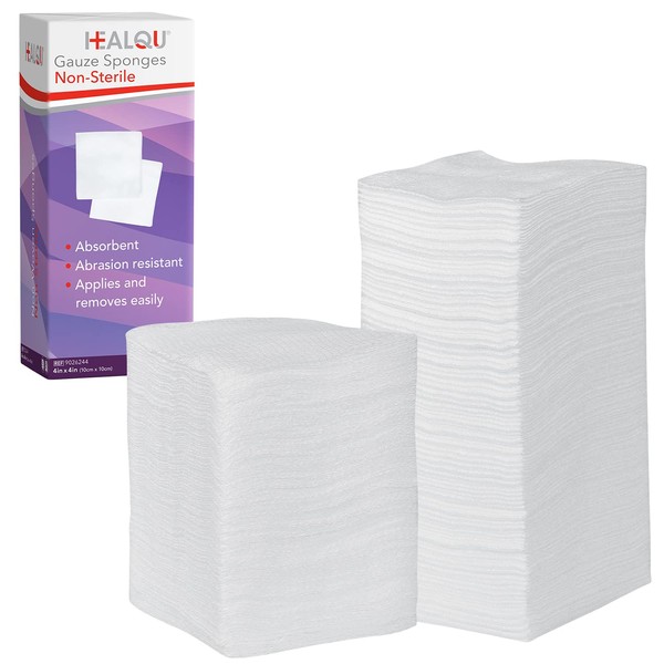 HEALQU Compresses - Gauze Dressings Pack of 200 (4-Ply | 10 x 10 cm) - Extra Absorbent, Non-Sterile, Non-Woven Non-Woven Dressings for Wound Care, as well as Cleaning & Preparation of Wounds
