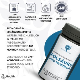 Folic Acid Supplement Vegan Folate Tablets 400 mcg with Moringa Organic Pregnancy Supplement Vitamin B9 Folic Acid Gluten Free Made in Italy by RedMoringa® (690)