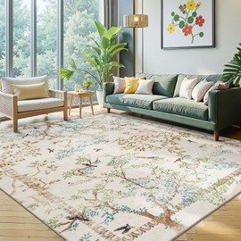 jinchan Botanical Birds 8x10 Ivory Area Rugs for Living Room Washable Non Slip Soft Nature Plants Modern Kids Carpet Vintage Ultra Thin Low Pile Indoor Rug for Bedroom Dining Room Nursery Playroom