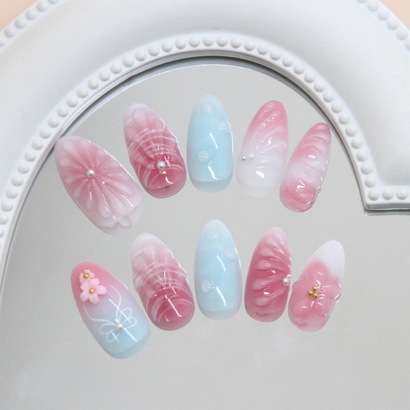 24Pcs Cute Flower Press on Nails Medium Almond Fake Nails
