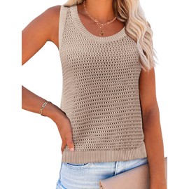 Zeagoo Womens Summer Crochet Sleeveless Sweater Vest Round Neck Hollow Out Knit Tank Tops Casual Loose Cami Tops Khaki
