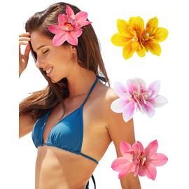 3 PCS Hawaiian Hair Accessories: Orchid, Hibiscus, and Artificial Flower Barrettes for Women (Pink, Rose, Yellow) - Ideal for Wedding, Bridal, Beach Party