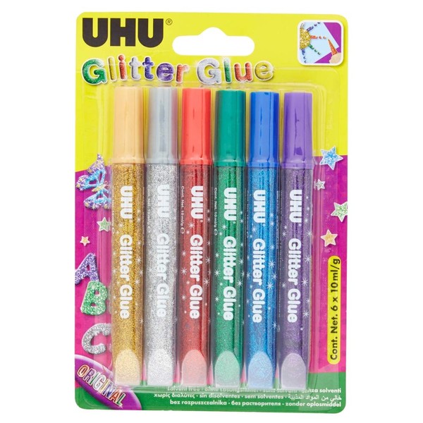 UHU D1549 Original, Glitter Glue for Tinkering, Decorating and Creative Design in Tube with fine dosing tip, Blister 6 x 10 ml, Assorted, No