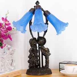 ANYONGLU Lily Lamp Tiffany Style Table Lamp 18.5 Inch Tall Tulip Flower Accent Desk Lamp with Bronze Resin Sculpture Base (3-Light/Baby Blue)