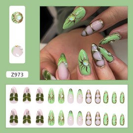 Green Almond Press on Nails Medium Butterfly Fake Nails 3D Stereoscopic Eye Glue on Nails French False Nail Tips Glossy Full Cover Glue on Nails Acrylic Nails Kit Stick on Nails for Women Girls