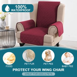KPPKOU Wingback Chair Slipcover 1 Piece Waterproof Wing Chair Cover Washable Armchair Cover Stretch Furniture Protector for Living Room for Pets Kids (Burgundy)