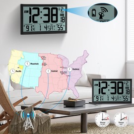 Amgico Digital Wall Clock,16.7" Large Display Atomic Clock, Battery Operated,Digital Calendar Auto Setting with Indoor Temperature, Humidity,Date,Day,Auto DST Desk Clock for Elderly Bedroom Classroom