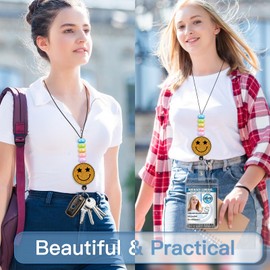 Teacher Lanyards for Id Badges Reel Retractable Keys Holder Cute Smile Funny Aesthetic Glitter Beaded Card Keychain for Women Student Work School Office