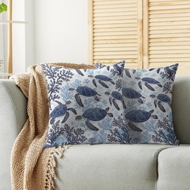 Smozenith Sea Turtle Pillow Covers 18X18 Set of 2, Nautical Beach Themed Blue Coastal Summer Beachy Style Decorative Throw Pillowcases Outdoor Farmhouse Seasonal Cushion Cases Couch Sofa Bed Decor