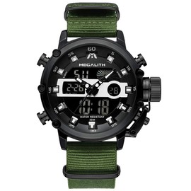 MEGALITH Digital Watch Men Military Tactical Analog Quartz Wrist Watch Waterproof LED Dual Time Casual Sport Watches for Men Black Multifunction Alarm Stopwatch Green Nylog Strap