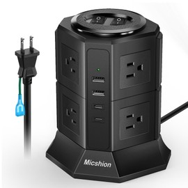 Extension Cord 6.6 ft (2 m) Power Strip Tower with Type-C 8 AC Outlets 2 USB-C Ports, 2 USB-A Ports, Micshion USB Outlets, Individual Switch Type, Table Tap, Lightning Guard, USB C Included, Octopus